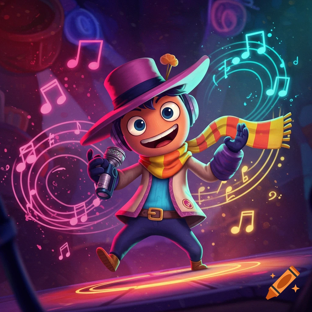 A vibrant cartoon character wearing a purple hat, scarf, and headphones, holding a microphone, surrounded by glowing musical notes on a stage.