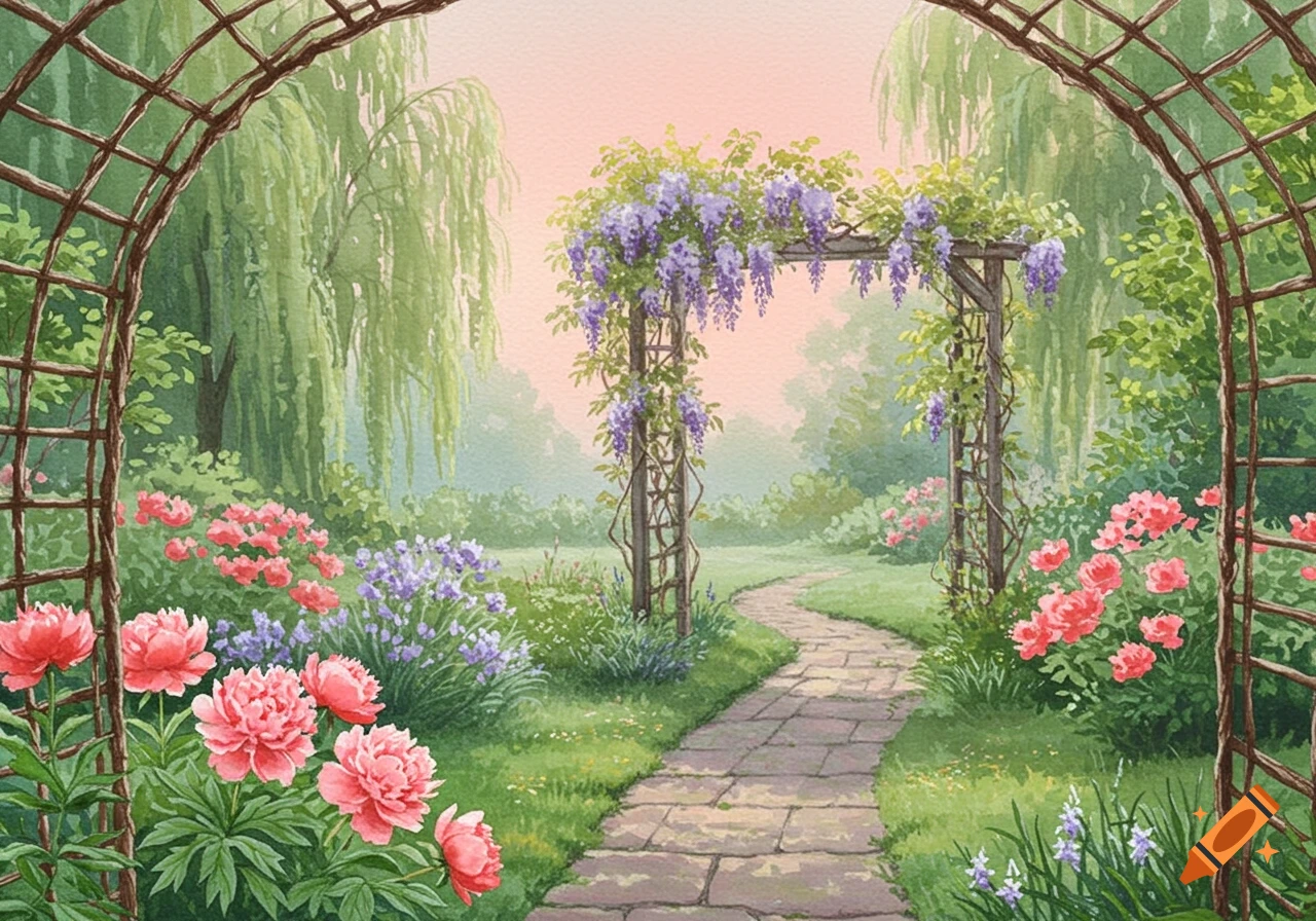 A vibrant watercolor painting of a serene garden path winding through an archway covered in purple wisteria, flanked by pink peonies.