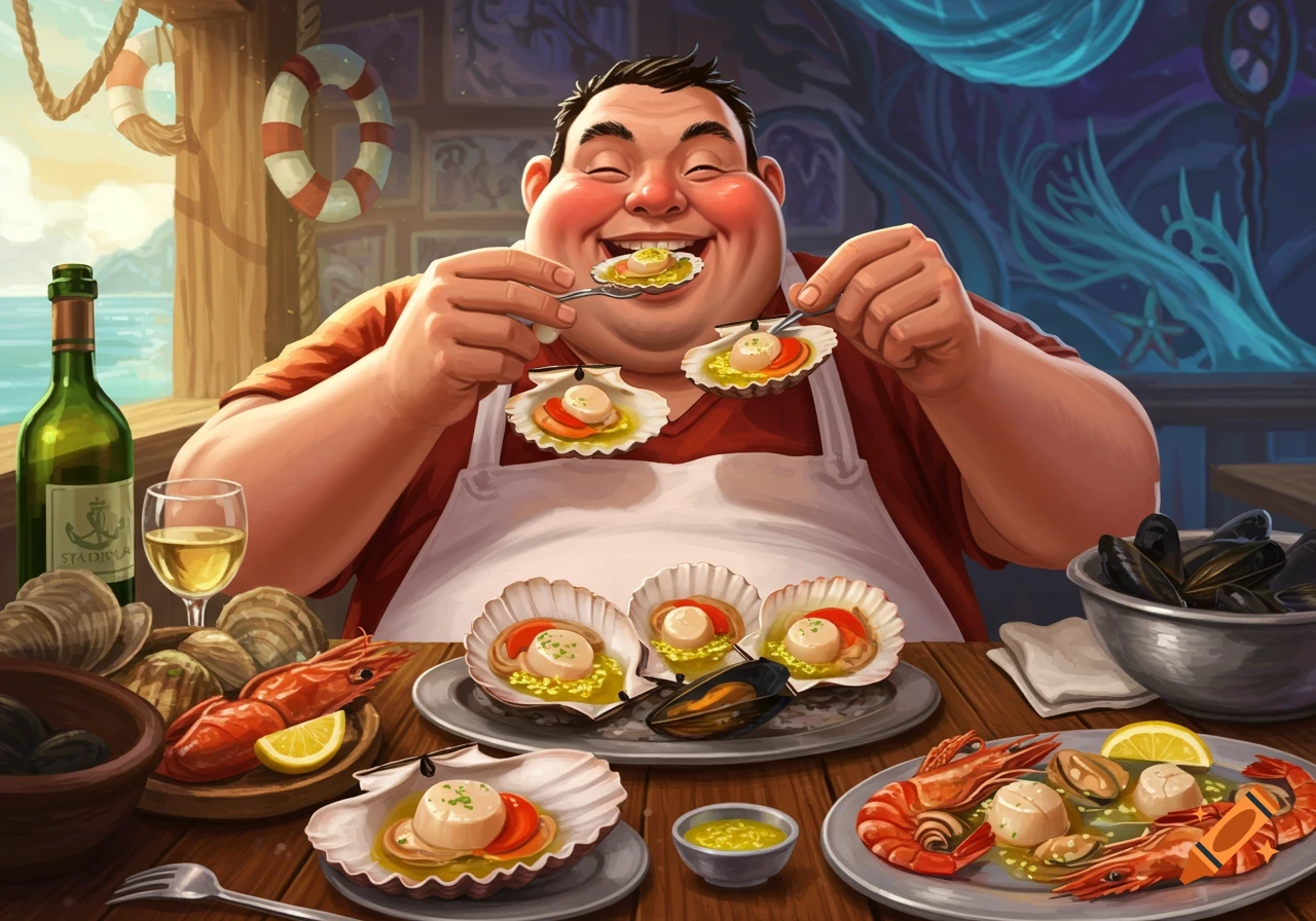 A portly, happy man in an apron heartily eats scallops and other seafood at a table by the ocean in an illustration.