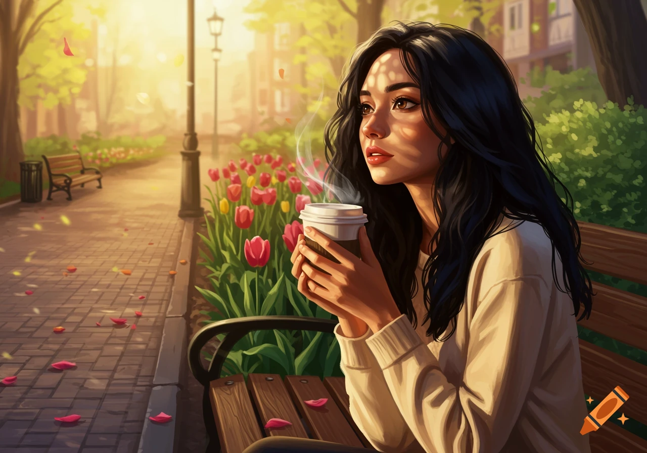 An illustration of a young woman with dark hair sitting on a park bench, holding a steaming coffee cup, amidst blooming tulips and sunlight.