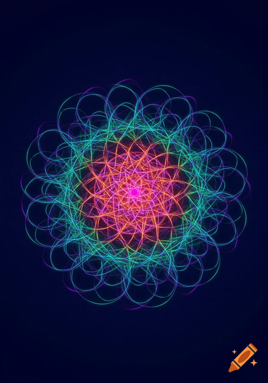 A vibrant, intricate spirograph pattern of neon lines in pink, orange, green, and blue on a dark background.