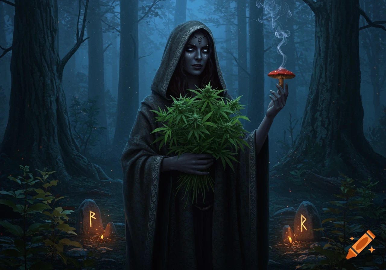 A dark witch in a hooded cloak holds cannabis and a smoking mushroom in a mystical, blue-toned forest with glowing Nordic runes.