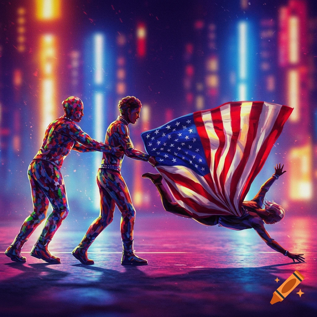 Two figures in colorful, fragmented suits push a third figure, draped in an American flag, causing them to fall on a lit street.