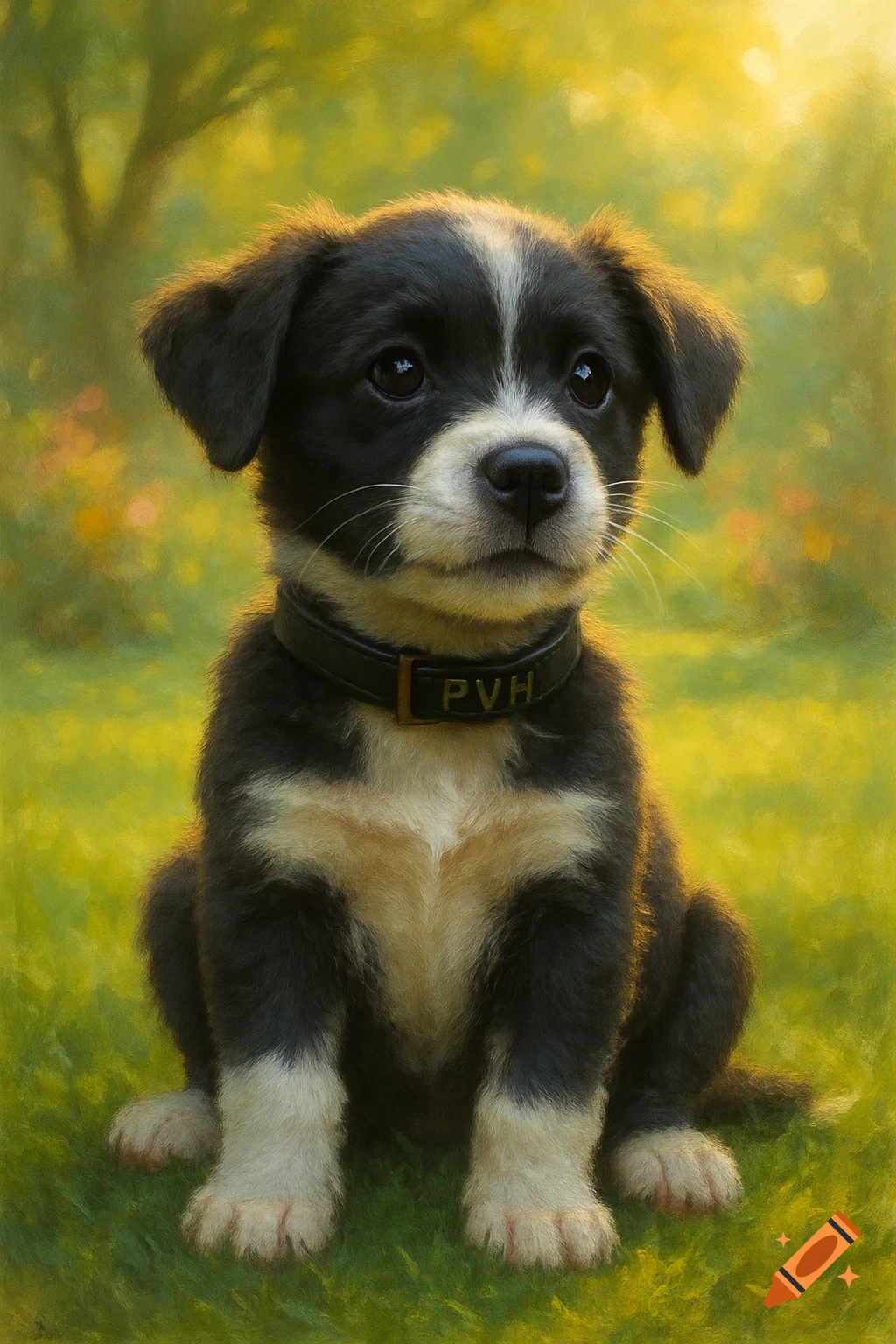 A cute black and white puppy with a black collar sits in a sunlit grassy field.