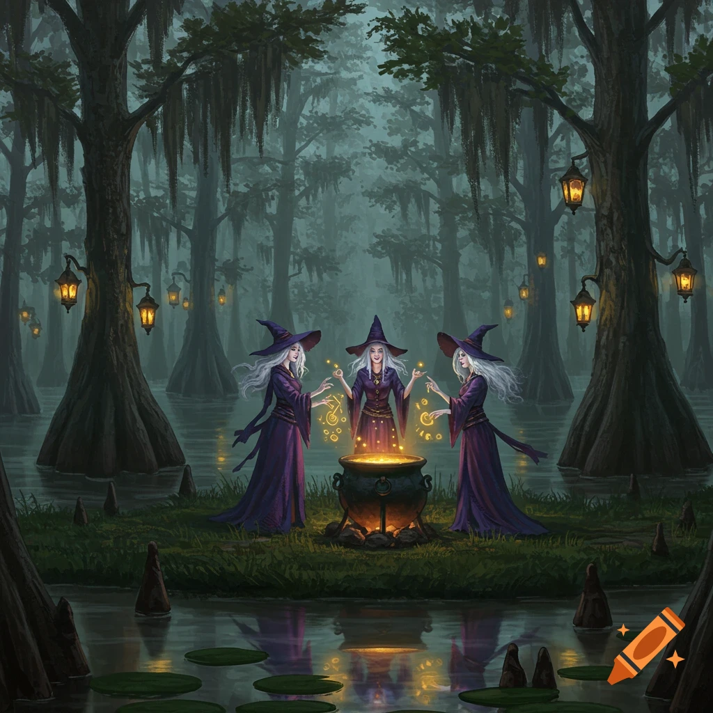 Three witches in purple robes and hats perform magic around a glowing cauldron in a misty, lantern-lit swamp with cypress trees.
