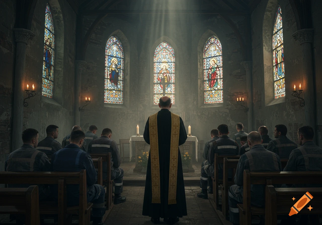 Photorealistic image of a priest facing a congregation of people in a chapel, with light shining through stained glass windows.