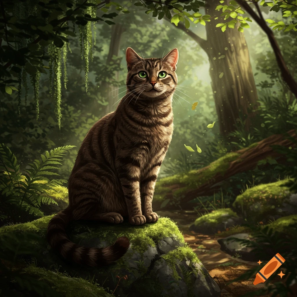 A detailed illustration of a brown tabby cat with green eyes sitting on a mossy rock in a lush, sun-dappled forest.