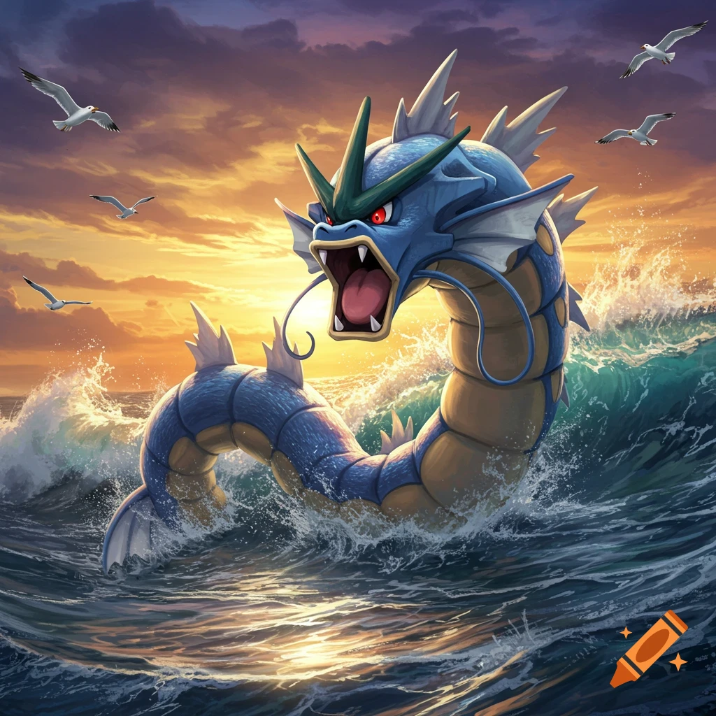 A blue Gyarados emerges from stormy ocean waves at sunset, with seagulls flying overhead.