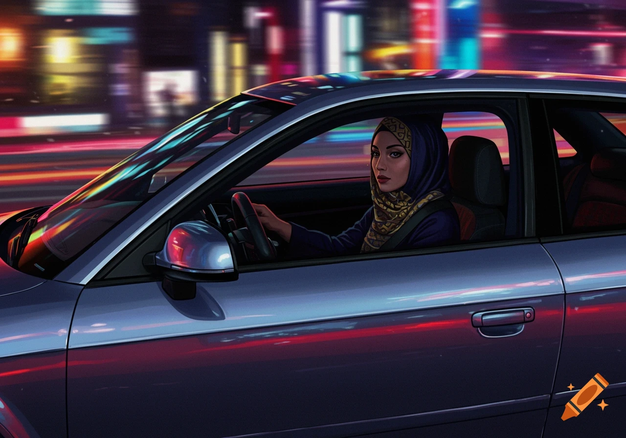 A woman in a hijab drives a car at night, illuminated by colorful, blurred city lights in a stylized illustration.