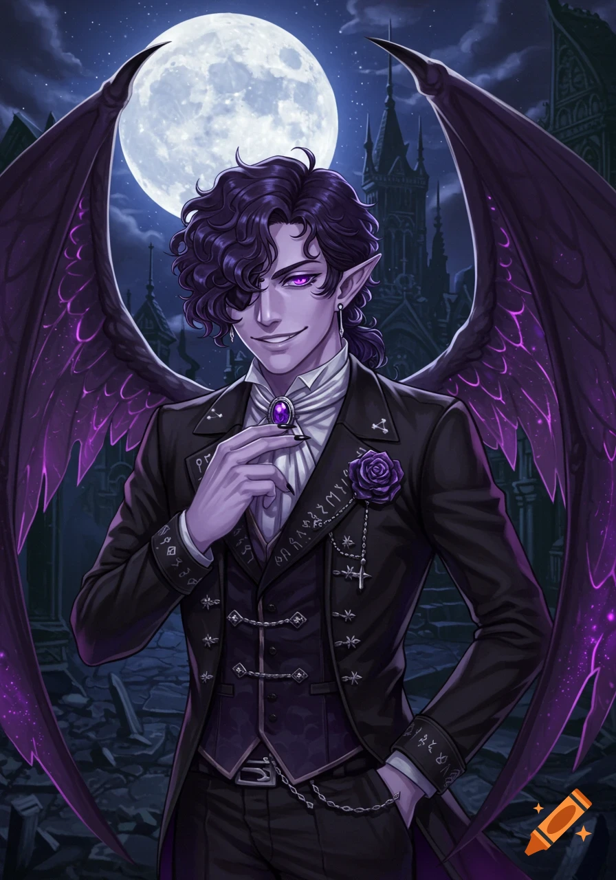 An anime-style male character with purple skin, dark curly hair, bat wings, and glowing purple eyes, wearing a black gothic suit, stands under a full moon with ruined architecture in the background.