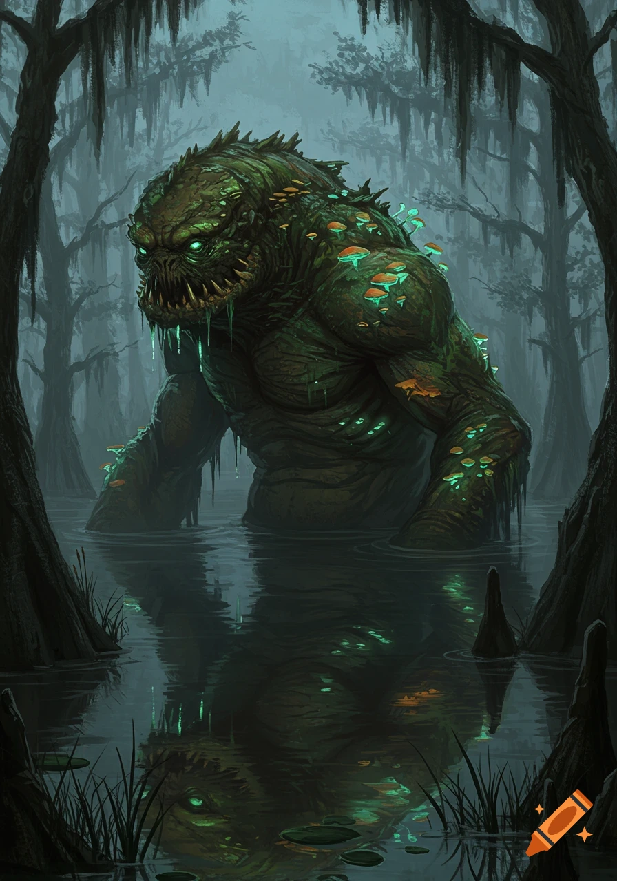A large, green, scaly swamp monster with glowing eyes and sharp teeth stands in dark water, covered in glowing mushrooms, in a misty swamp.