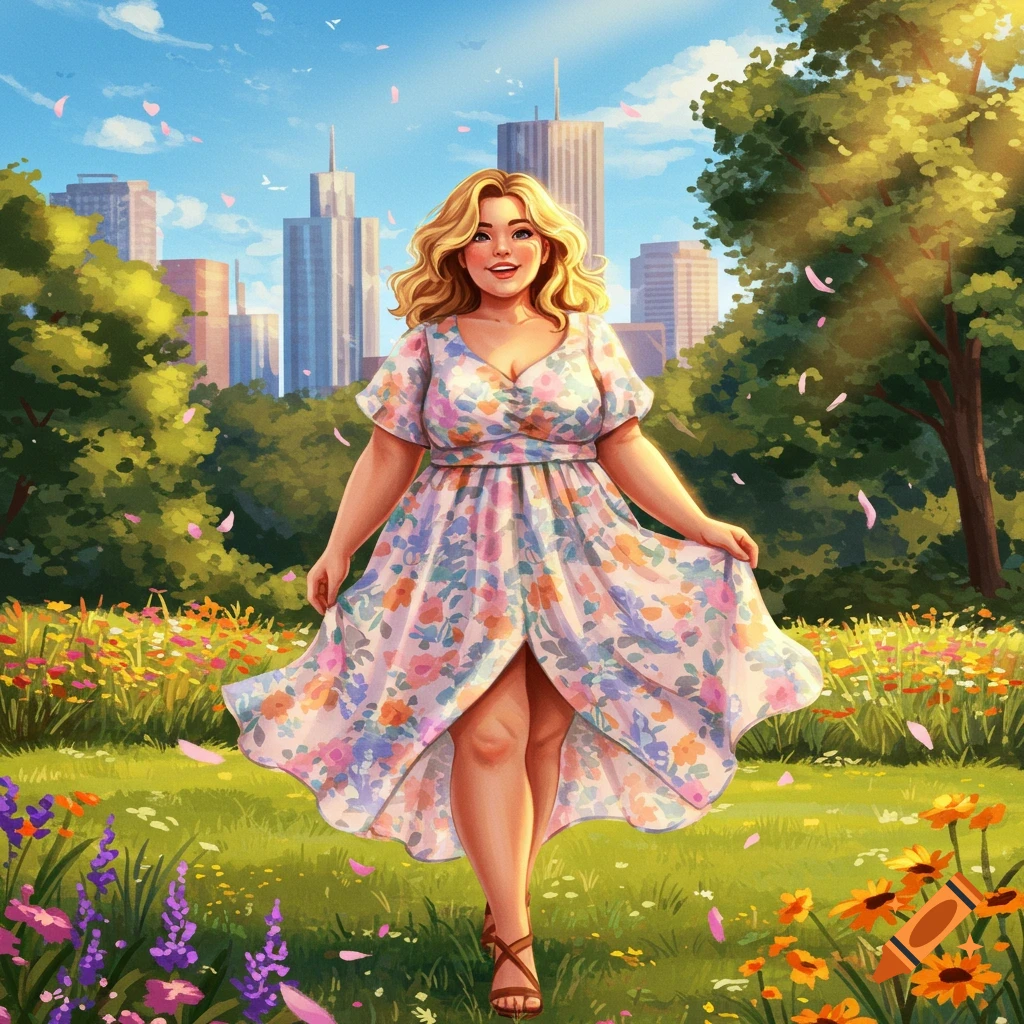 A smiling blonde woman in a floral dress walks through a field of wildflowers with trees and city skyscrapers in the background, in an illustration.