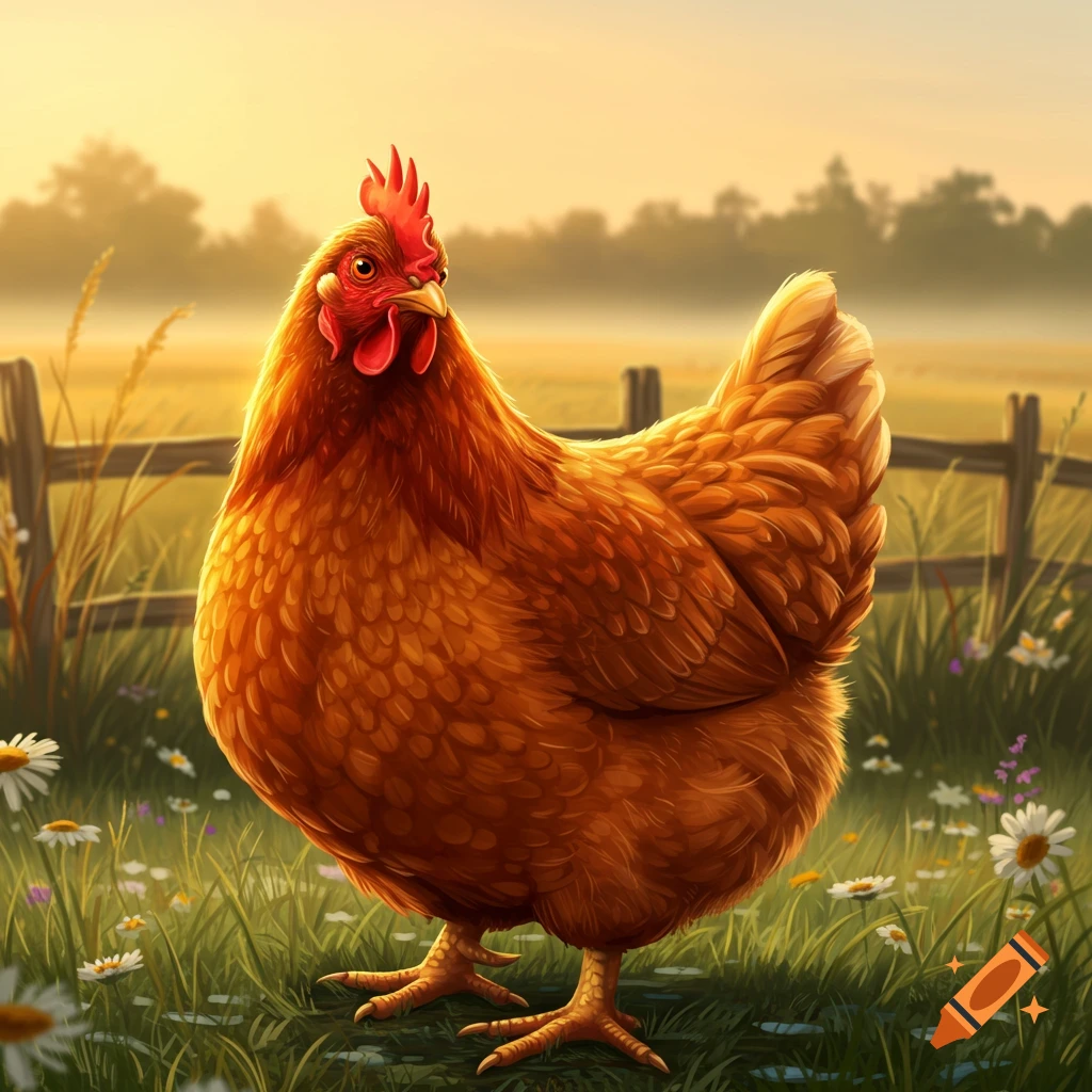 A brown chicken stands in a grassy field with daisies, a wooden fence, and trees in the background during golden hour.