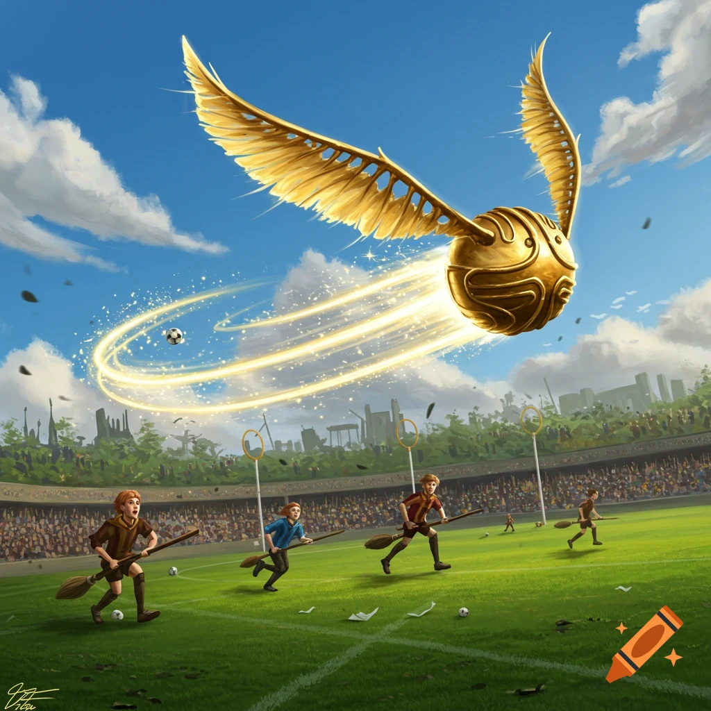 An illustration of a large golden snitch with glowing trails flying over a green Quidditch stadium where players run with brooms.