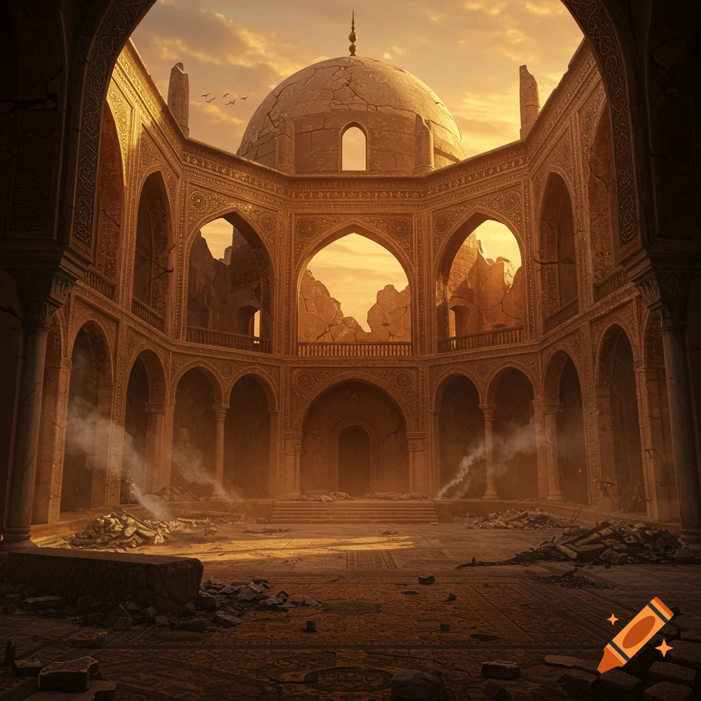 A grand, ruined palace with intricate archways and a large dome under a dramatic orange sky.