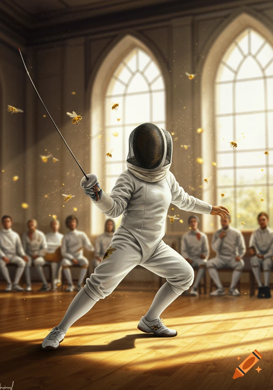 A fencer in a white uniform and mask stands in a fencing pose, surrounded by a swarm of bees, inside a hall with large windows.