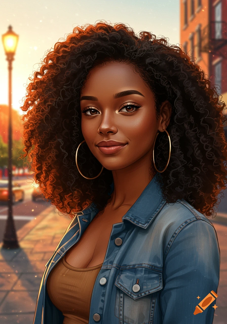 Smiling African American woman with curly hair, hoop earrings, wearing a denim jacket on a city street at sunset, digital art.