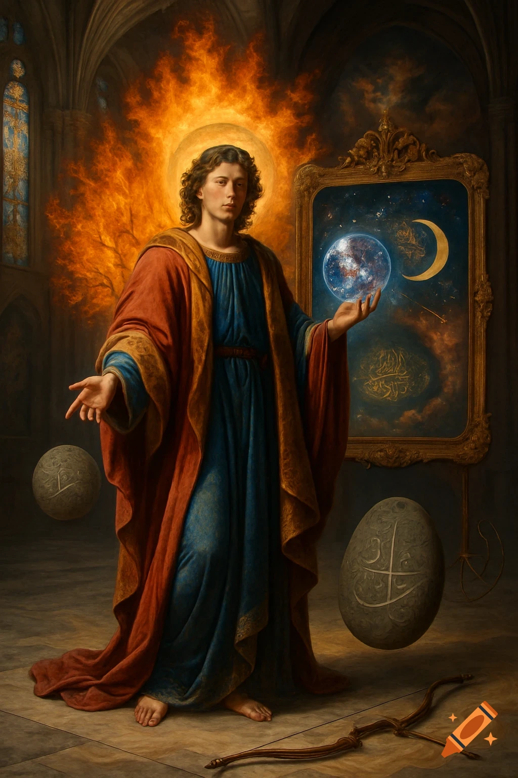 A Renaissance-style painting of a divine figure in a cathedral, radiating light and holding a glowing earth orb, with a flaming tree and a cosmic mirror behind them.