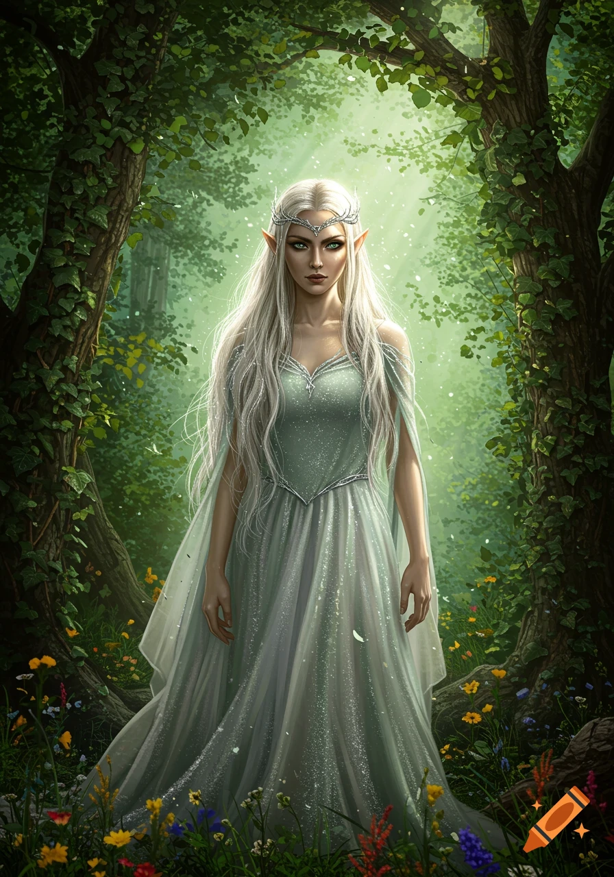 Realistic art of an elvish woman with long silver hair and green eyes in a sparkling green dress, standing in a lush, sunlit forest.