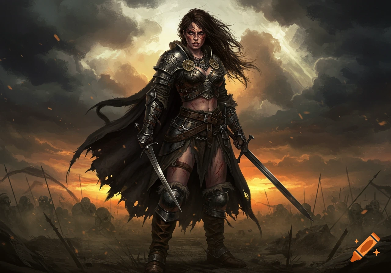 A fierce female barbarian warrior stands in armor with two swords on a battlefield under a stormy sky.