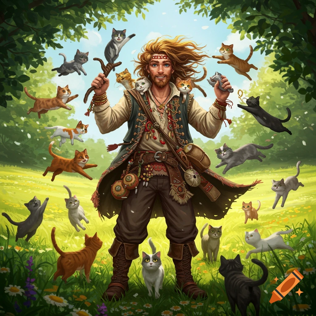 A bearded man with long hair, dressed in fantasy attire, stands in a vibrant green forest clearing, surrounded by many cats flying and running around him.