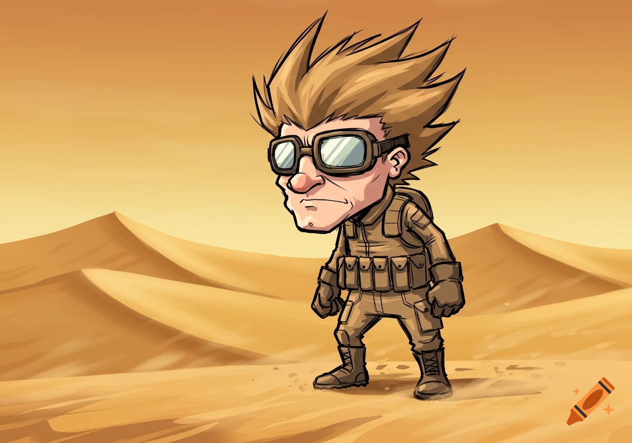 A cartoon soldier with spiky hair and goggles stands in a sandy desert with dunes.