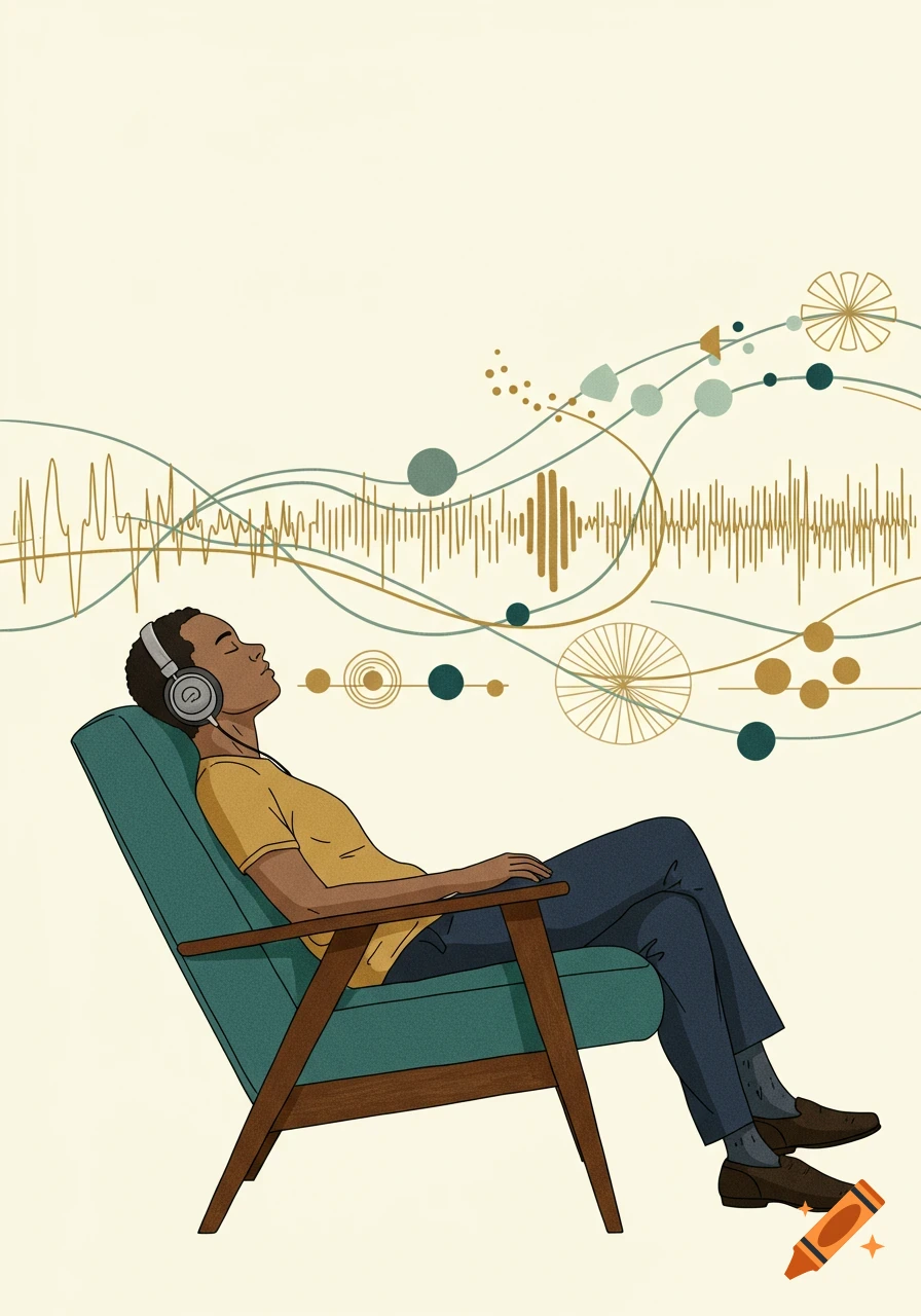 An illustration of a person relaxing in a chair, listening to music through headphones, with abstract sound waves flowing around them.