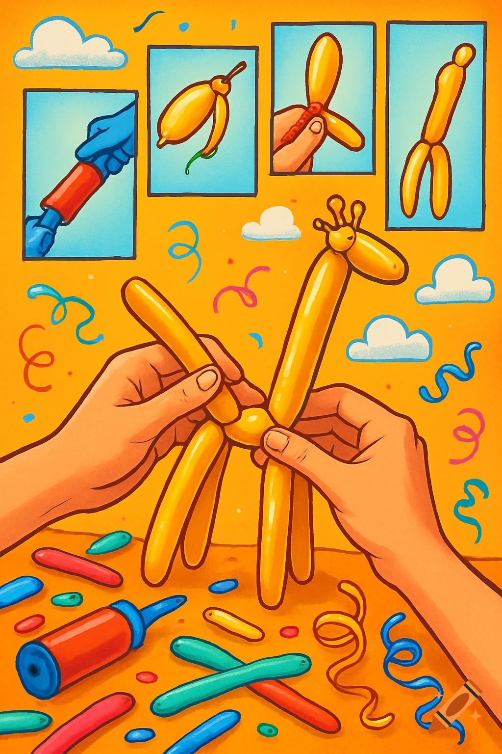 Illustration of hands making a yellow balloon giraffe step-by-step, with a pump and uninflated balloons on an orange background.