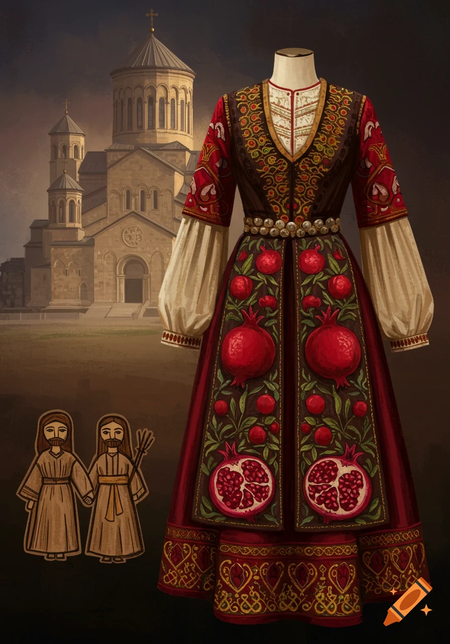 A vibrant red Armenian national costume with pomegranate designs, set against a stone church and two stylized figures.