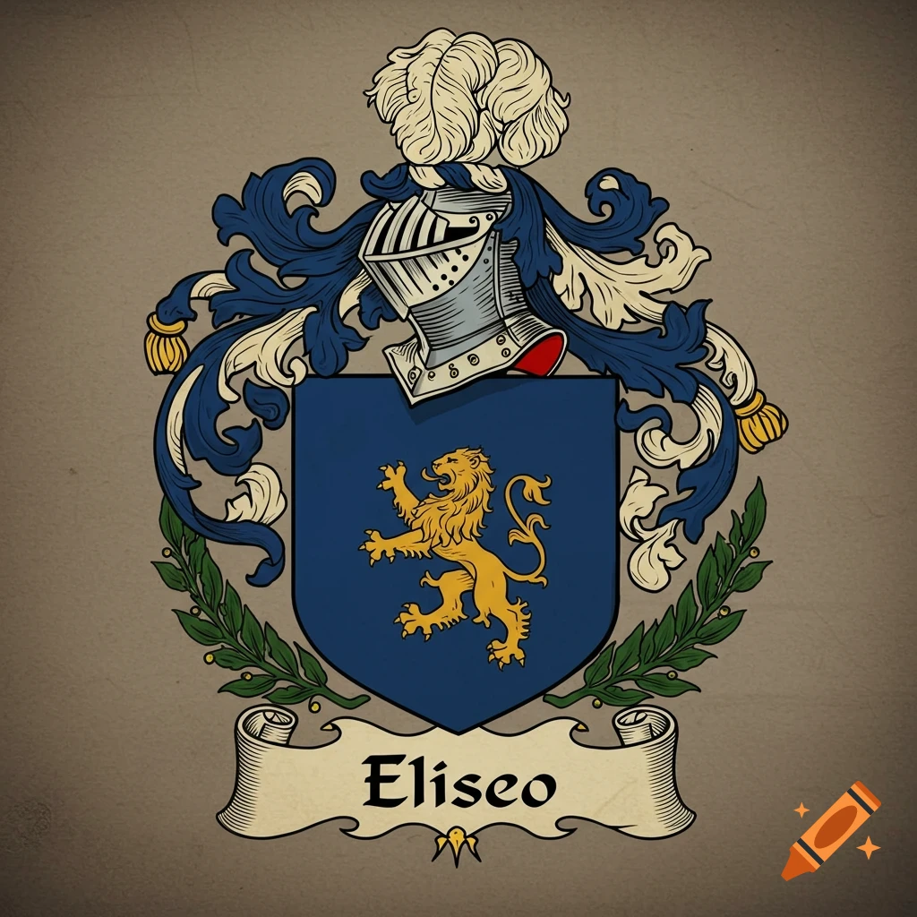 A coat of arms with a blue shield featuring a golden lion, a helmet with plumes, and a banner with "Eliseo" on it.