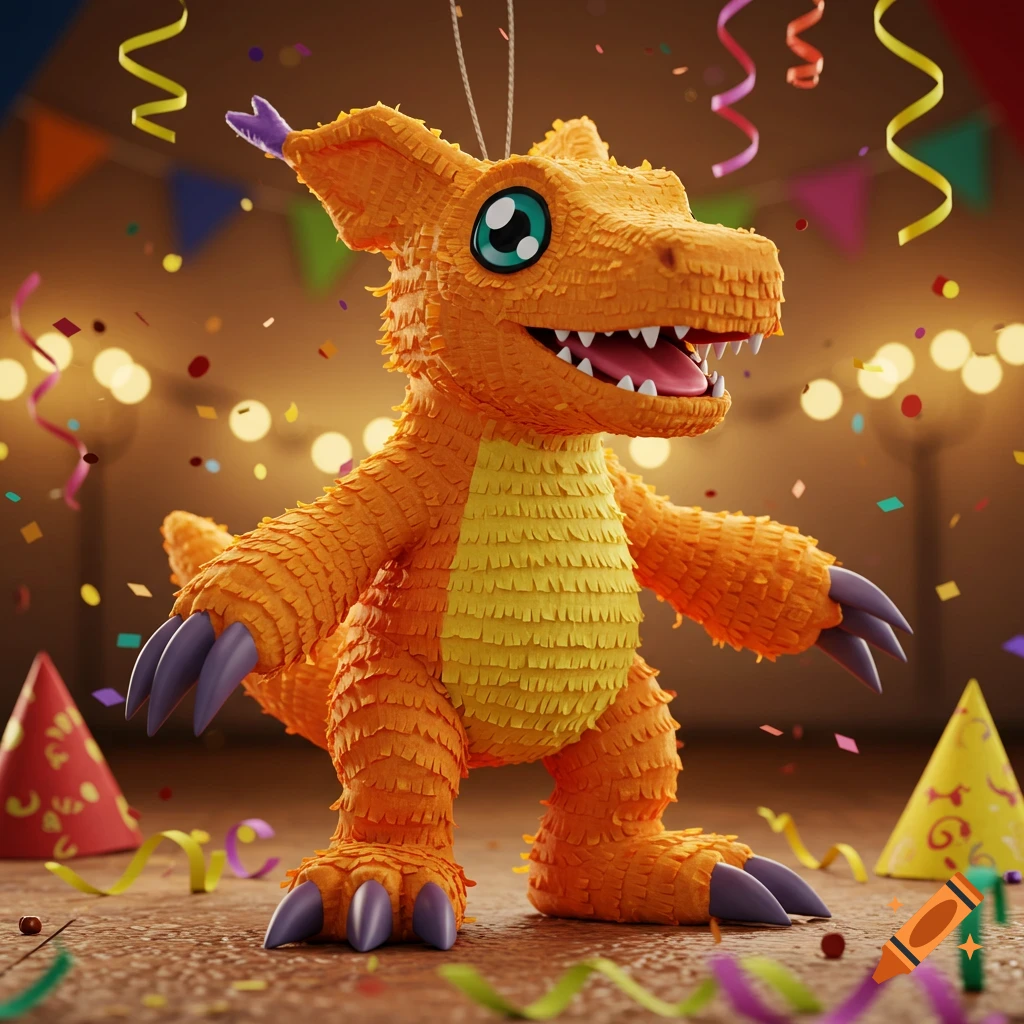 A 3D render of an orange and yellow Agumon-shaped piñata in a festive party room with confetti.