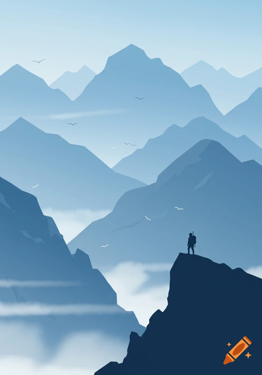 Illustration of a lone climber silhouette on a dark mountain peak, overlooking many layers of blue misty mountains.