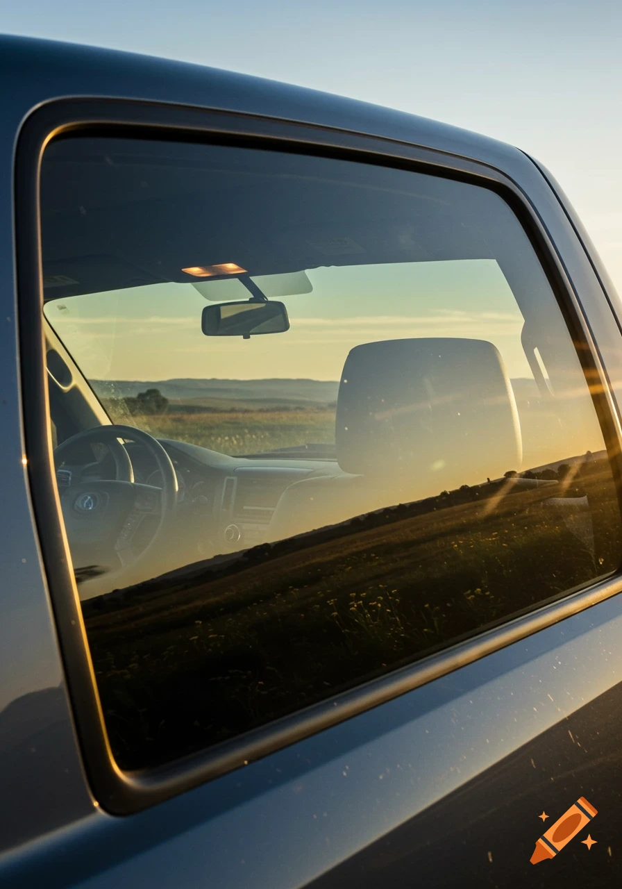 View through a tinted car window showing the dashboard and a reflection of a sunlit field with rolling hills.