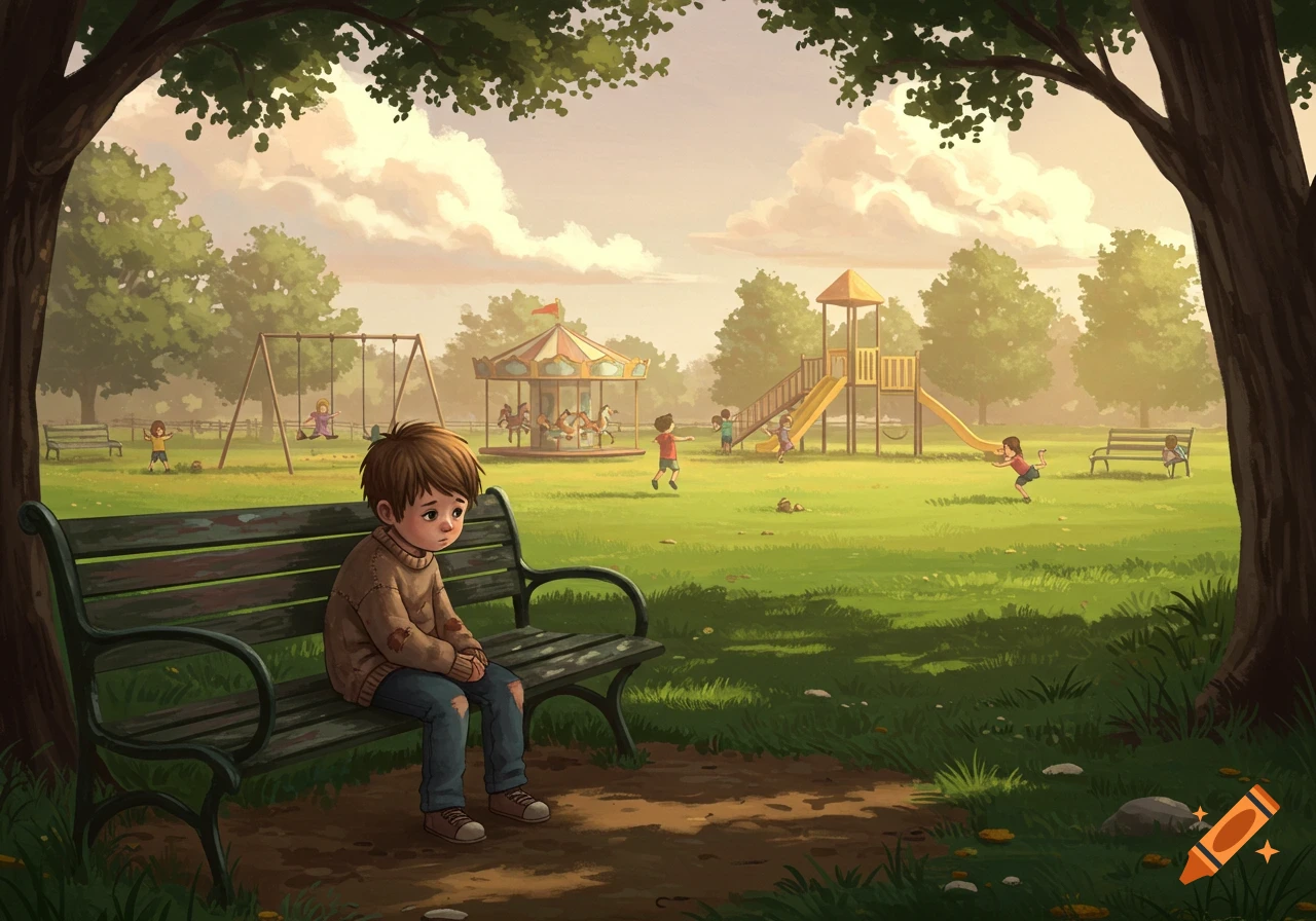 A sad boy sits on a park bench watching other children play on swings, slides, and a carousel in a sunny park illustration.