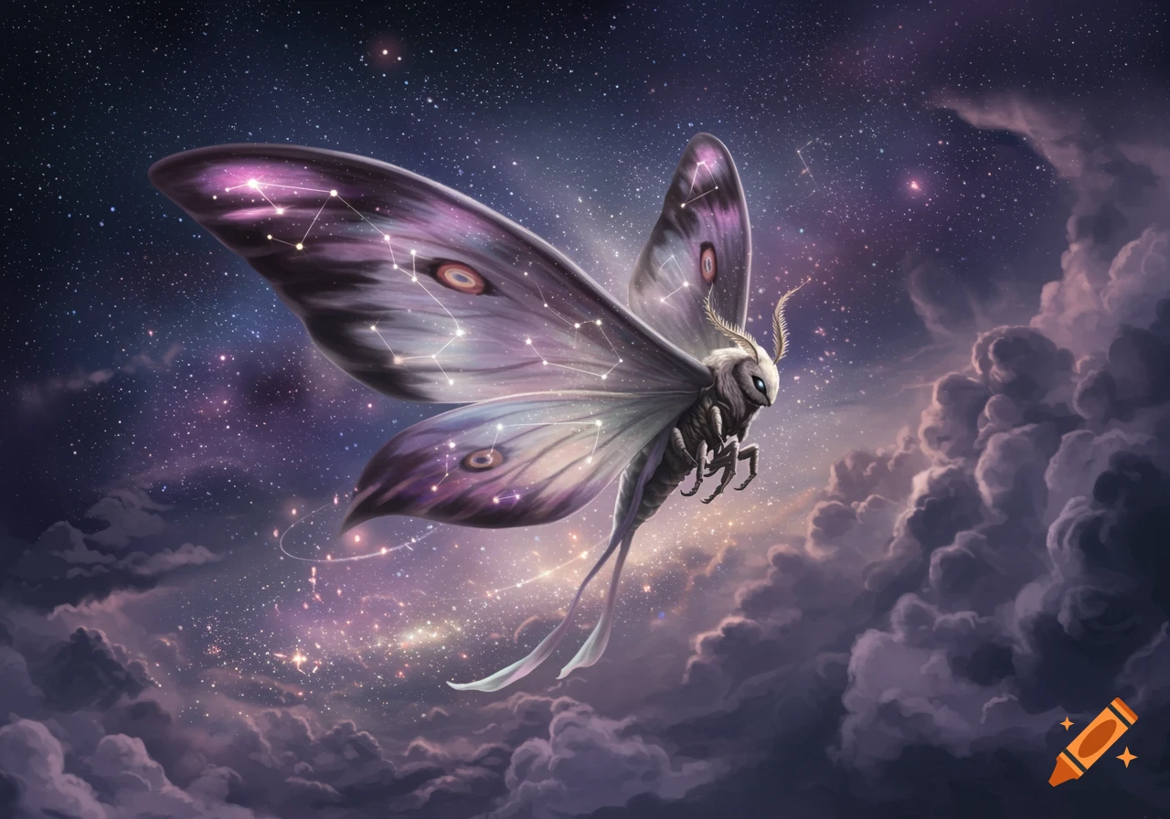 A majestic cosmic moth with purple and white wings patterned with constellations and glowing eyes flies through a starlit, cloudy night sky.