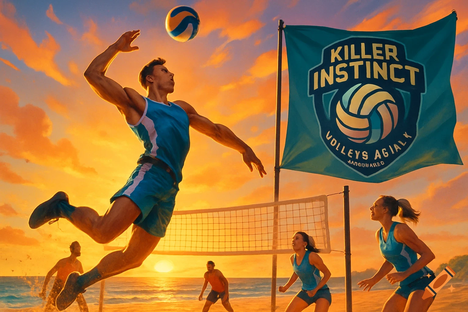 Photorealistic image of a male volleyball player jumping to spike a ball on a beach court at sunset, with other players and a flag.