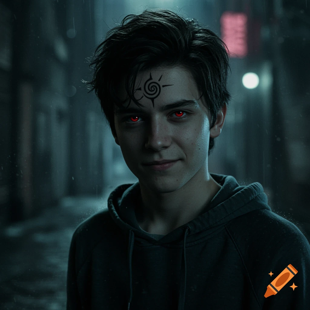 A young man with dark hair, glowing red eyes, and a spiral symbol on his forehead, smirks in a dark, rainy alleyway.