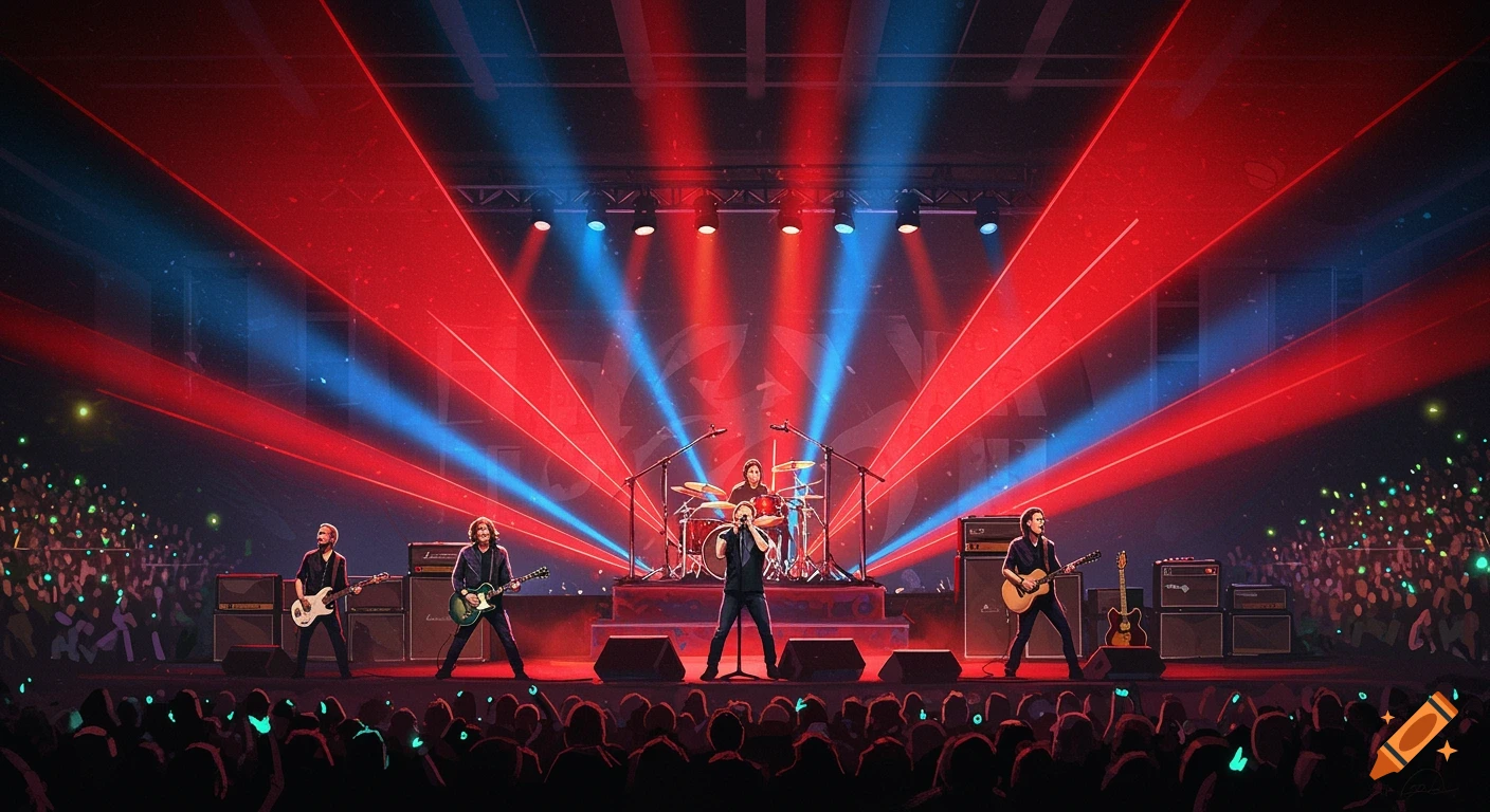 A five-piece rock band performs on a stage bathed in dramatic red and blue laser lights, facing a large audience with glowing phones.