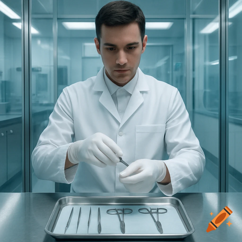 A man in a lab coat and gloves meticulously inspects a surgical tool in a sterile laboratory setting.