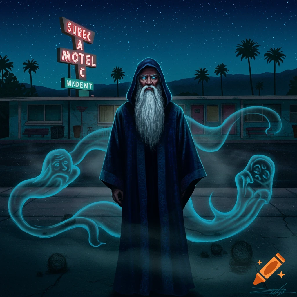 A wizard with a long white beard and a dark robe stands in front of a motel sign at night, surrounded by glowing blue ghosts.