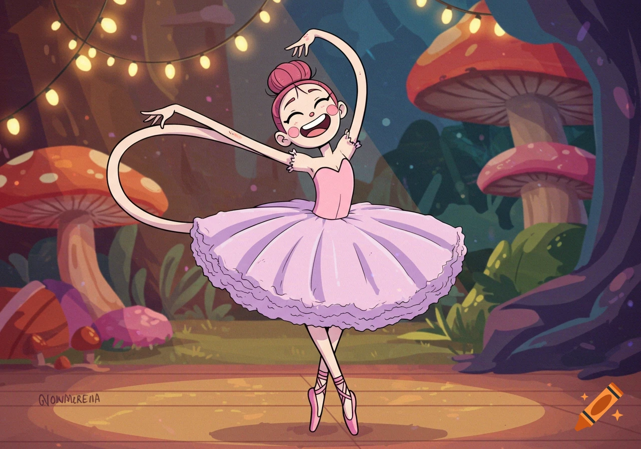 A goofy cartoon ballerina with long, flexible arms in a pink tutu dances on a stage surrounded by giant mushrooms and string lights.