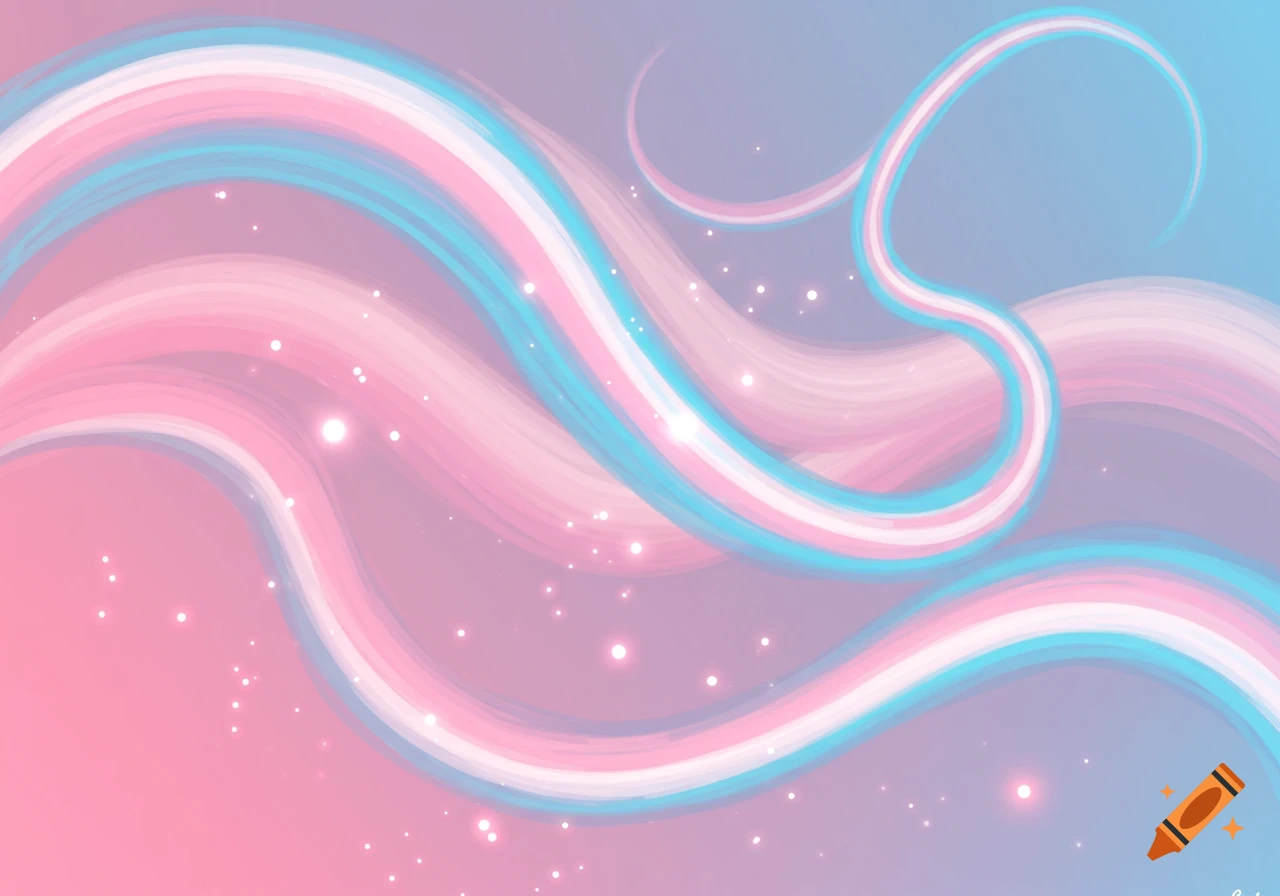 Abstract wavy lines in pink, blue, and white with sparkles on a gradient background.