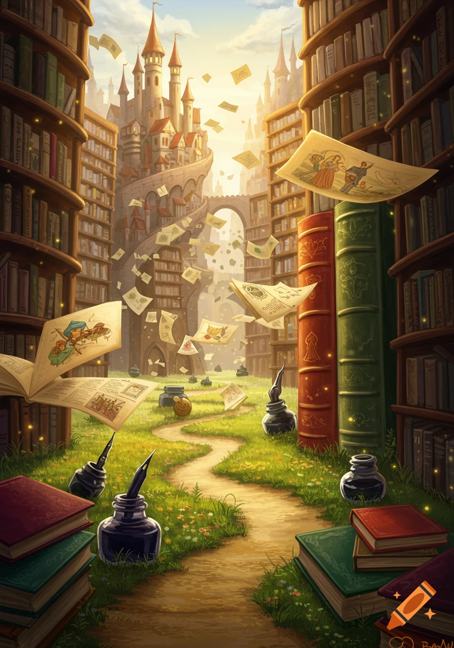A whimsical fantasy landscape featuring tall bookshelves, a winding path through grass, flying magical papers, inkwells, and a majestic castle built on books in the background.