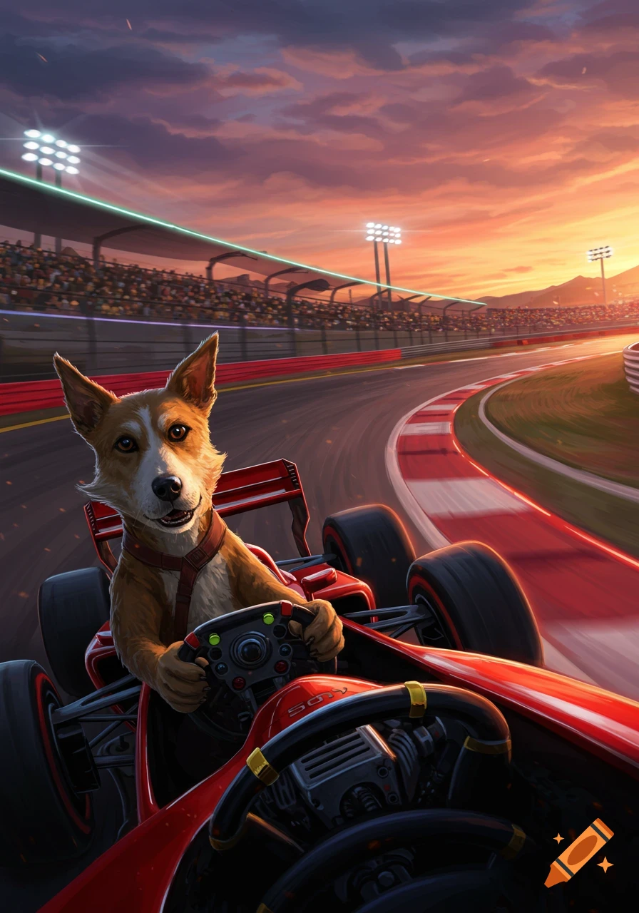 A dog wearing a harness drives a red Formula 1 car on a race track at sunset, with a stadium full of spectators in the background.