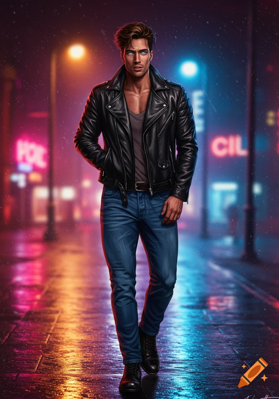 A tall muscular man with brown hair and glowing blue eyes walks on a wet city street at night, wearing a black leather jacket, blue jeans, and black boots.