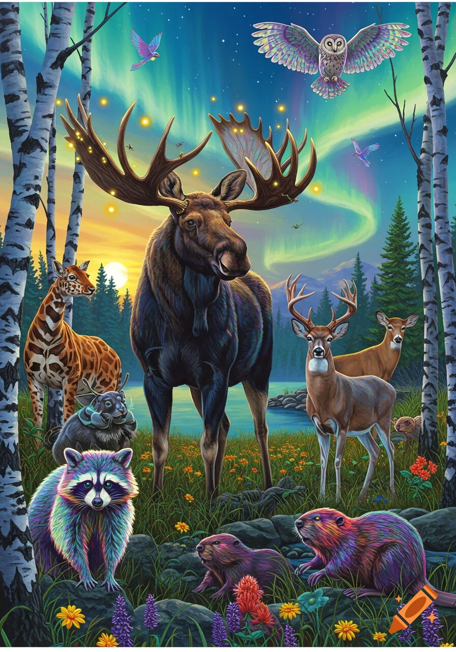A vibrant, stylized illustration of a moose, two deer, a raccoon, two beavers, an owl, and birds in a colorful forest under the aurora borealis.