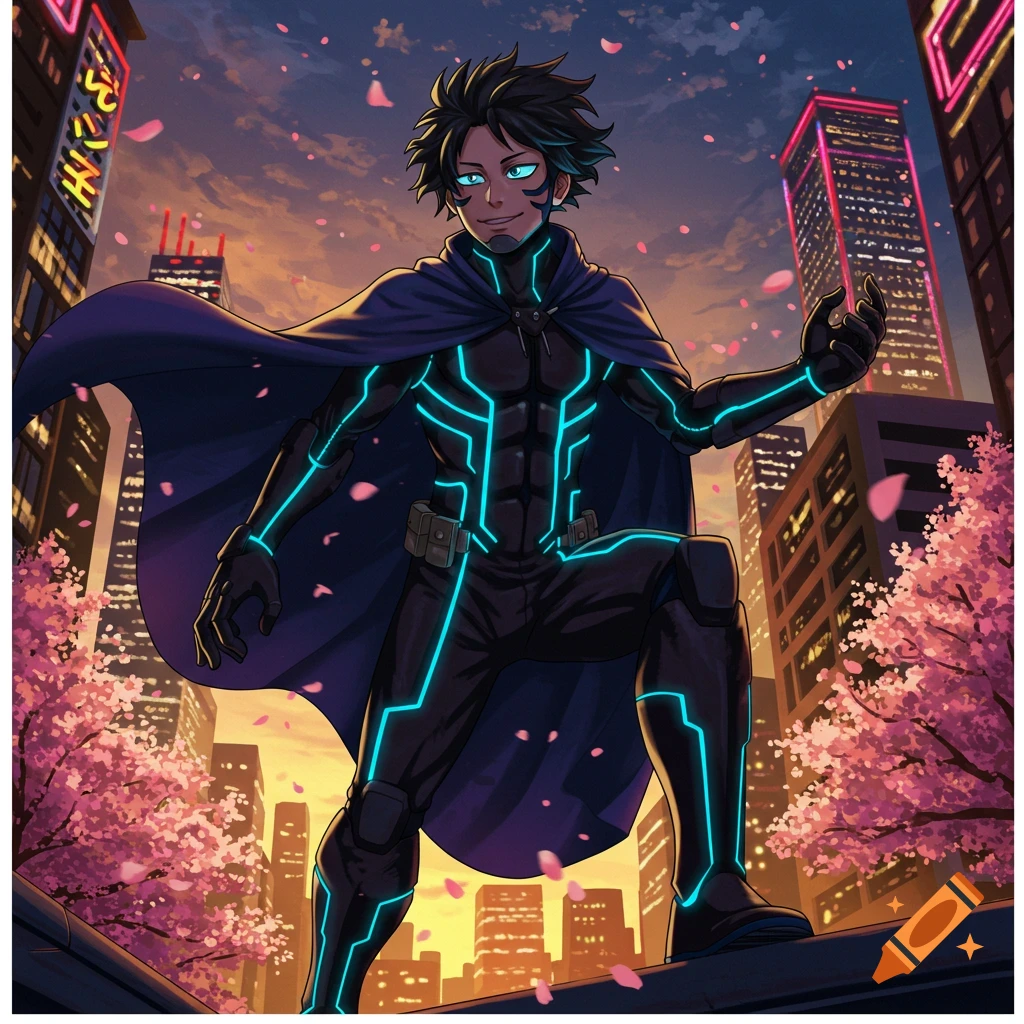 Anime-style character in a black suit with glowing blue lines and a dark cape, standing against a sunset city skyline with cherry blossoms.