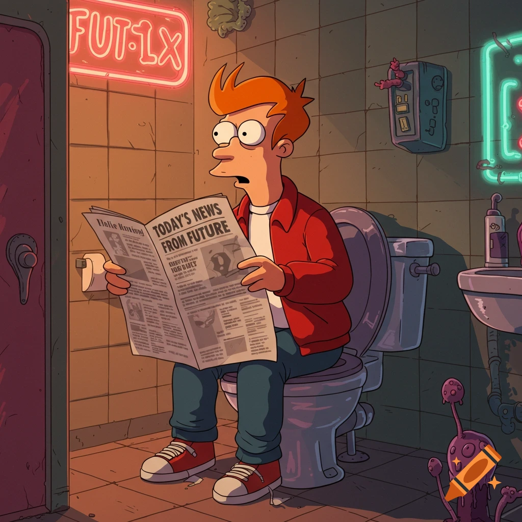 Phillip J. Fry from Futurama sits on a toilet, reading a newspaper with the headline "TODAY'S NEWS FROM FUTURE" in a stylized, detailed cartoon bathroom.