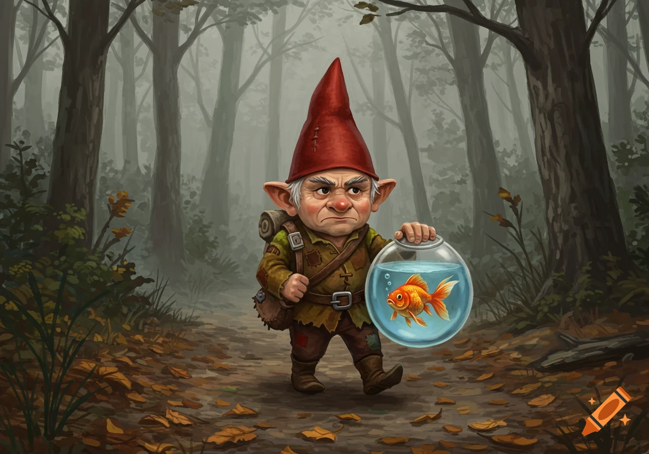 A grumpy-looking gnome in a red hat and backpack walks through a misty forest, carrying a fishbowl with a goldfish.