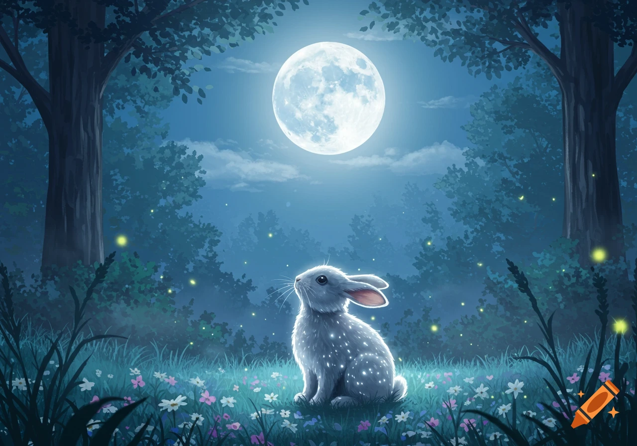A small, white rabbit sits in a moonlit forest glade filled with flowers and fireflies, looking up at a bright full moon.